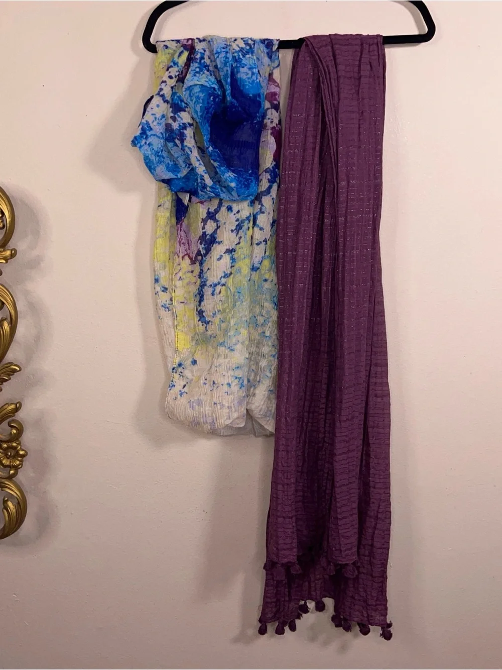 Set Of 2 Scarves Purple Yellow Textured Infinity Rectangle Boho Hippie Fringe
